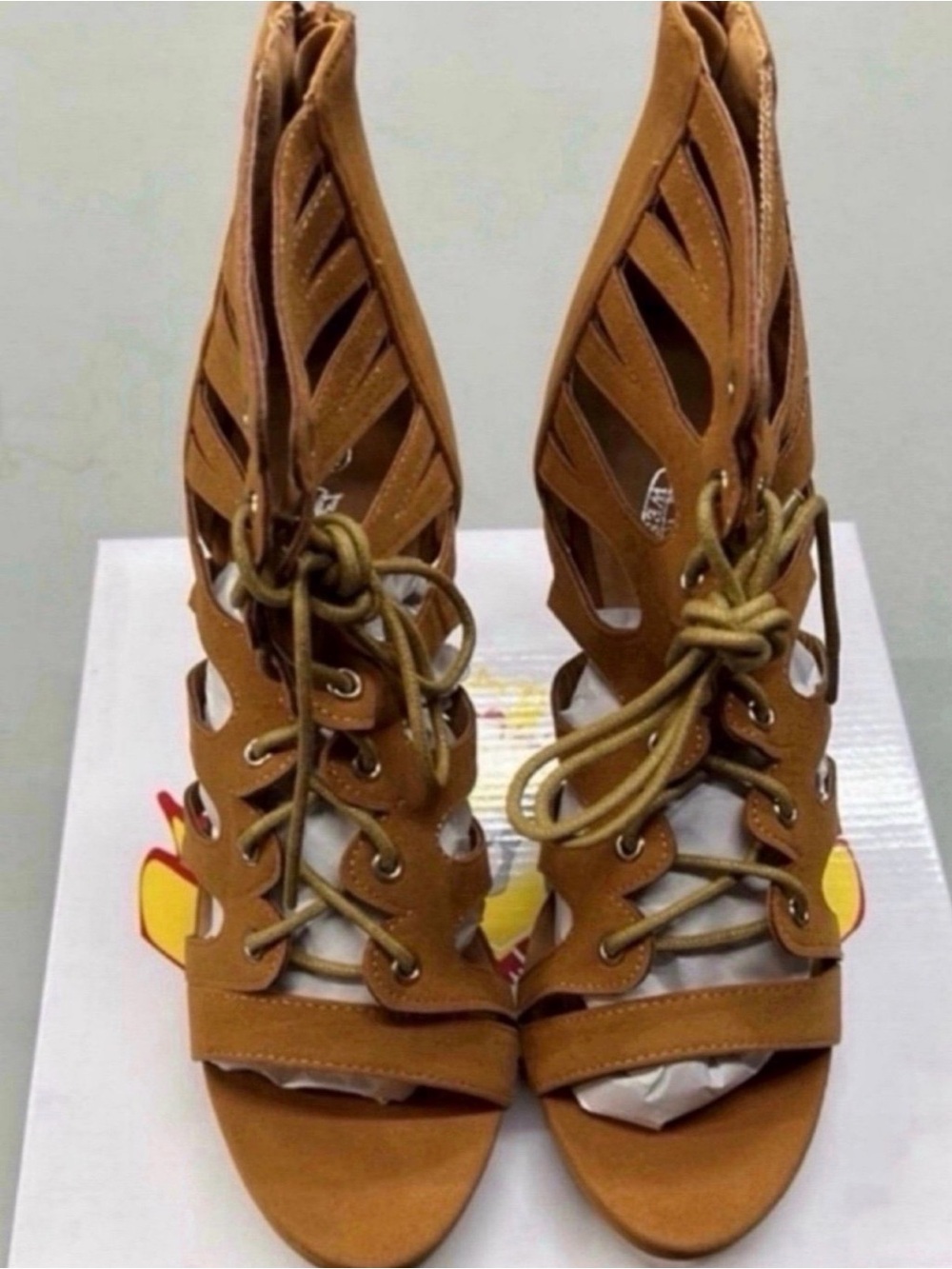 West Blvd Tan Lace-Up Cutout Heels